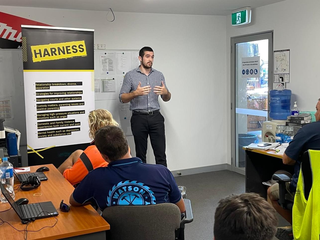 Harness program counsellor delivering toolbox talk in Capalaba Training centre